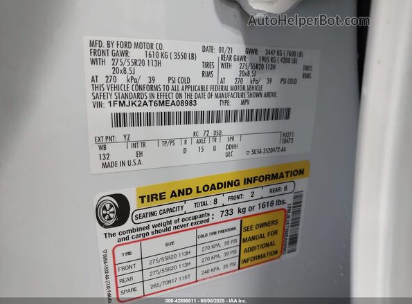 1FMJK2AT6MEA08983 2021 FORD EXPEDITION Белый Вид подкапотного пространства