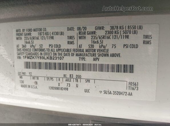 1FMZK1Y89LKB23107 2020 FORD PASSENGER Белый Вид подкапотного пространства