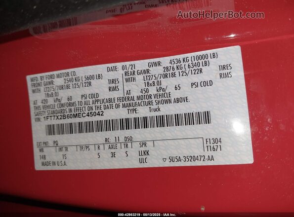 1FT7X2B60MEC45042 2021 FORD F-250 Красный Вид подкапотного пространства