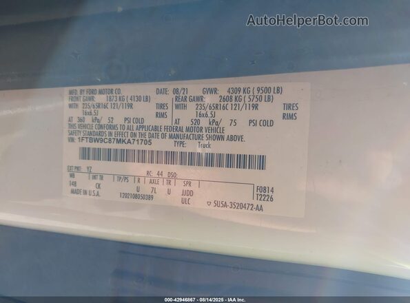1FTBW9C87MKA71705 2021 FORD TRANSIT-350 White Vista del compartimento del motor