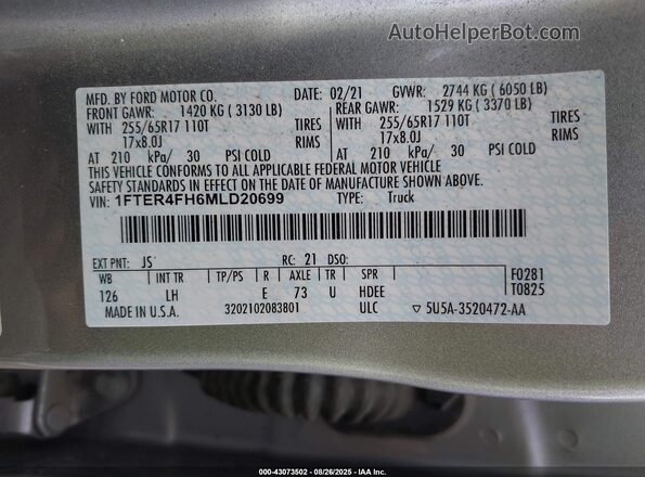 1FTER4FH6MLD20699 2021 FORD RANG Silver Widok komory silnika