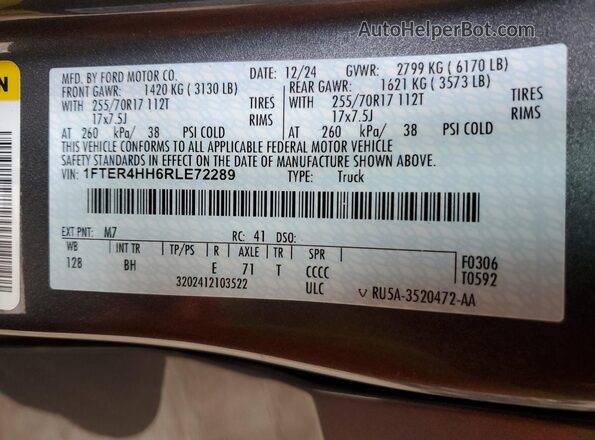 1FTER4HH6RLE72289 2024 FORD RANG Gray Vista de la etiqueta del VIN