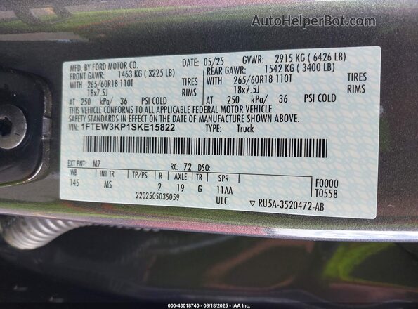 1FTEW3KP1SKE15822 2025 FORD F150 Gray Vista de la etiqueta del VIN