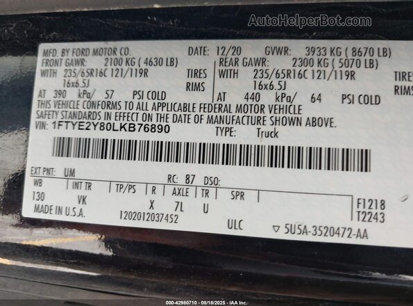 1FTYE2Y80LKB76890 2020 FORD TRANSIT-150 Black Շարժիչի բաժամունքի տեսք