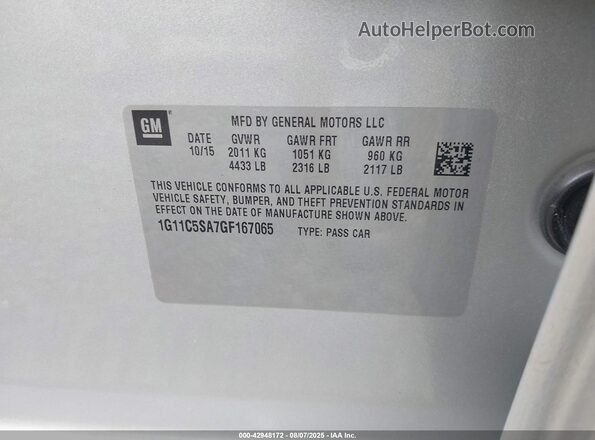 1G11C5SA7GF167065 2016 CHEVROLET MALIBU Silver Vista del compartimento del motor
