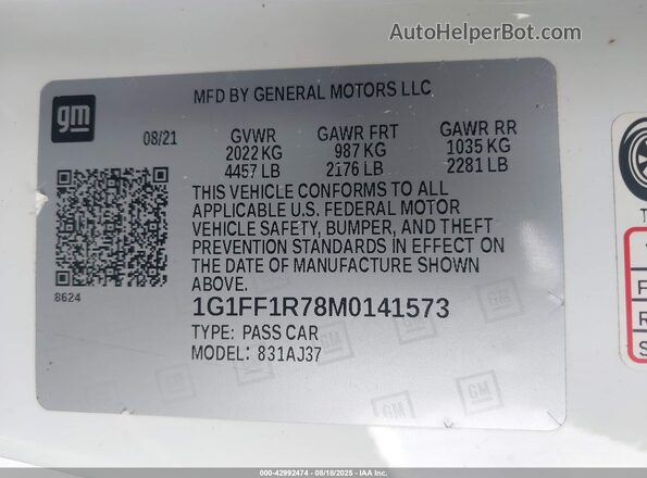 1G1FF1R78M0141573 2021 CHEVROLET CAMARO Белый Вид подкапотного пространства
