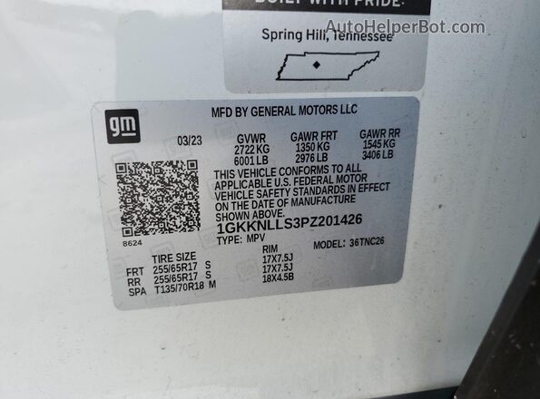 1GKKNLLS3PZ201426 2023 GMC ACADIA Белый Вид наклейки с VIN-кодом