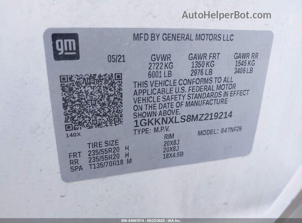 1GKKNXLS8MZ219214 2021 GMC ACADIA White Widok komory silnika