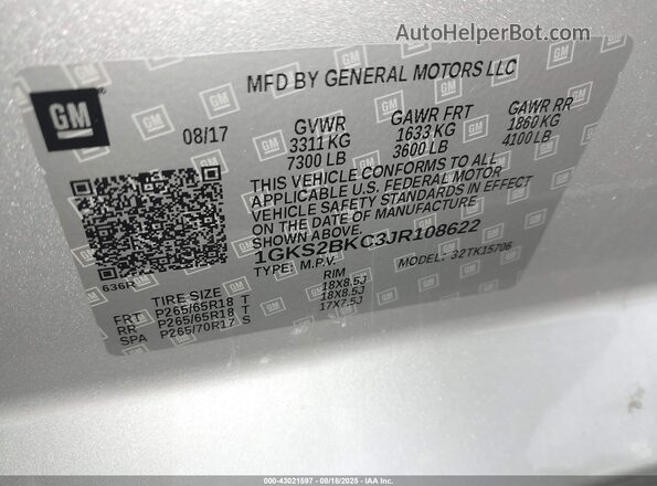 1GKS2BKC3JR108622 2018 GMC YUKON Silver Вид підкапотного простору