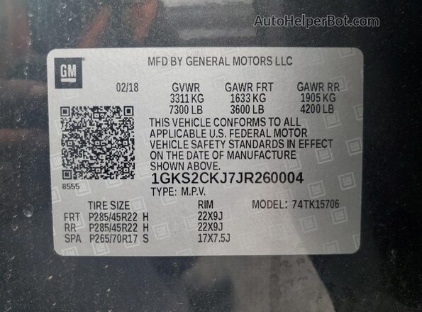 1GKS2CKJ7JR260004 2018 GMC YUKON Черный Панорамный вид салона 360°