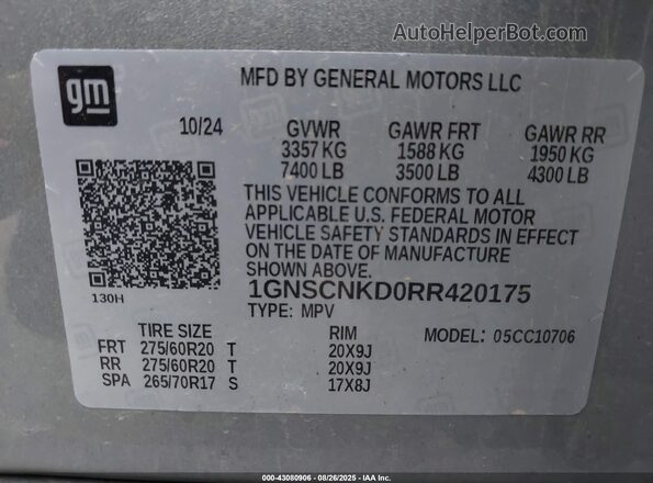 1GNSCNKD0RR420175 2024 CHEVROLET TAHOE Gray Widok komory silnika