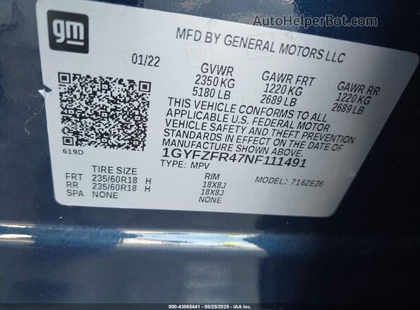 1GYFZFR47NF111491 2022 CADILLAC XT4 Синий Вид подкапотного пространства