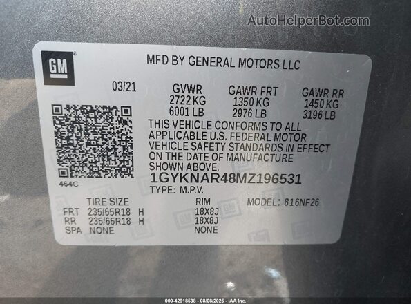 1GYKNAR48MZ196531 2021 CADILLAC XT5 Gray Engine compartment view