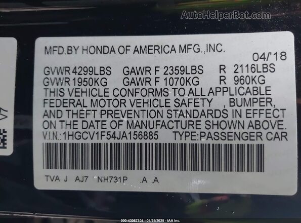 1HGCV1F54JA156885 2018 HONDA ACCORD Черный Вид подкапотного пространства