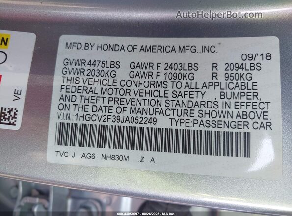 1HGCV2F39JA052249 2018 HONDA ACCORD Silver ძრავის განყოფილების ხედი