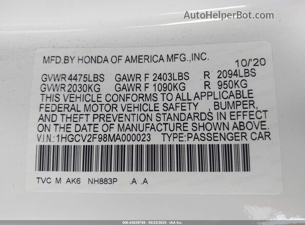 1HGCV2F98MA000023 2021 HONDA ACCORD White Widok komory silnika