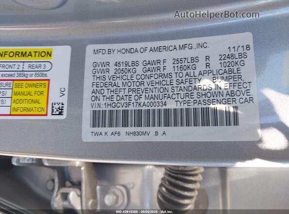 1HGCV3F17KA000334 2019 HONDA ACCORD HYBRID Silver Vista del compartimento del motor