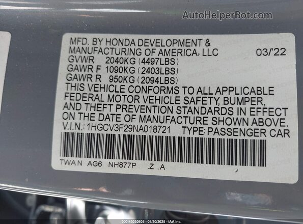 1HGCV3F29NA018721 2022 HONDA ACCORD Light Blue Вид подкапотного пространства