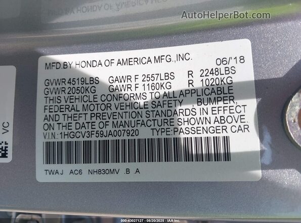 1HGCV3F59JA007920 2018 HONDA ACCORD HYBRID Серебряный Вид подкапотного пространства