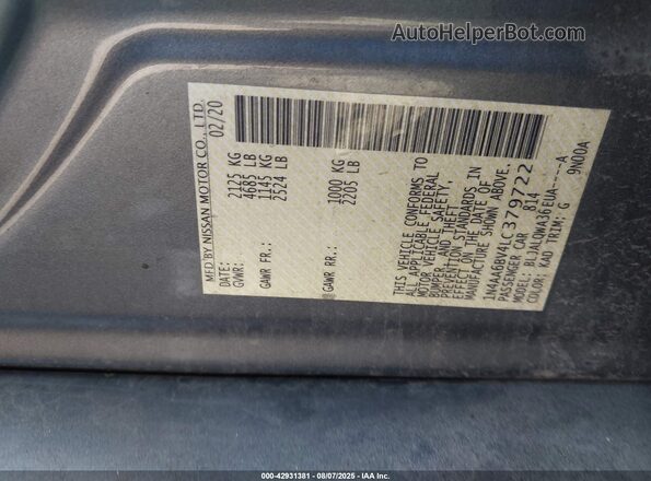 1N4AA6BV4LC379722 2020 NISSAN MAXIMA Gray Widok komory silnika