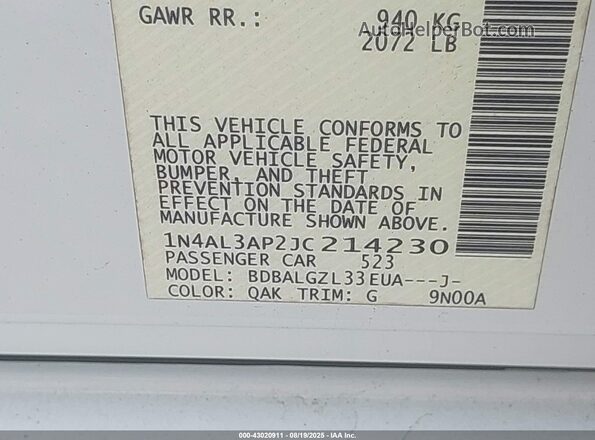 1N4AL3AP2JC214230 2018 NISSAN ALTIMA White Շարժիչի բաժամունքի տեսք