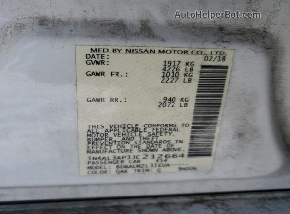 1N4AL3AP3JC212664 2018 NISSAN ALTIMA White VIN կոդի պիտակի տեսք