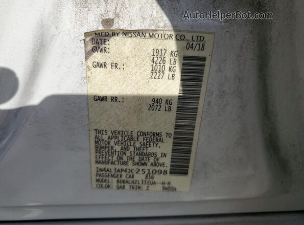 1N4AL3AP4JC251098 2018 NISSAN ALTIMA White Вид підкапотного простору