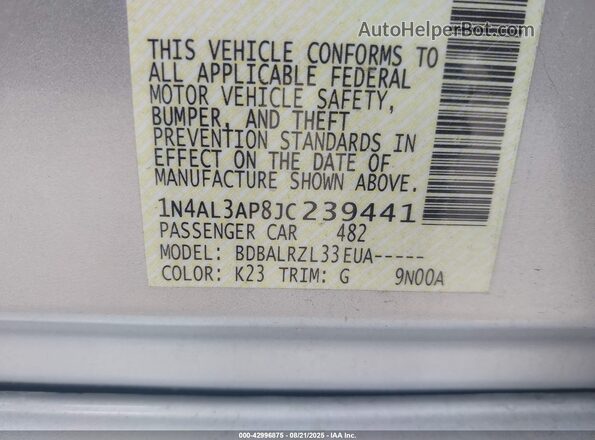 1N4AL3AP8JC239441 2018 NISSAN ALTIMA Silver Շարժիչի բաժամունքի տեսք