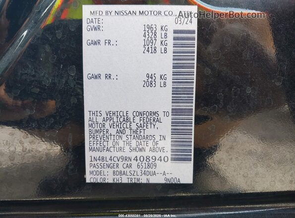 1N4BL4CV9RN408940 2024 NISSAN ALTIMA Черный Вид подкапотного пространства