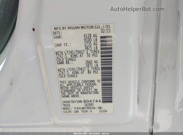 1N6BF0KY1MN804744 2021 NISSAN NV CARGO NV2500 HD White Widok komory silnika