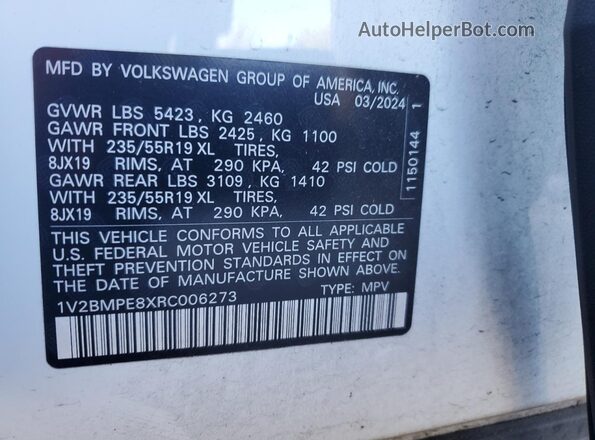 1V2BMPE8XRC006273 2024 VOLKSWAGEN ID.4 White Widok naklejki z numerem VIN
