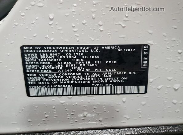 1V2KR2CA1JC506434 2018 VOLKSWAGEN ATLAS White Widok naklejki z numerem VIN