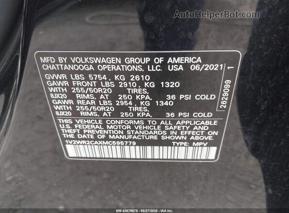 1V2WR2CAXMC595779 2021 VOLKSWAGEN ATLAS Black Շարժիչի բաժամունքի տեսք