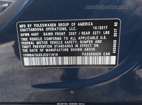 1VWBA7A3XJC011916 2018 VOLKSWAGEN PASSAT Синий Вид подкапотного пространства