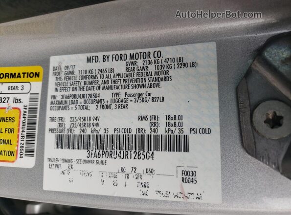 3FA6P0RU4JR128504 2018 FORD FUSION Silver Widok naklejki z numerem VIN