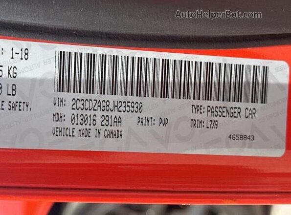 2C3CDZAG8JH235930 2018 DODGE CHALLENGER Orange უკანა სალონის ხედი