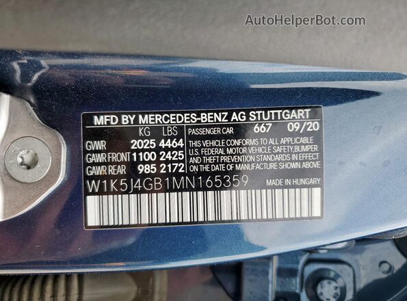 W1K5J4GB1MN165359 2021 MERCEDES-BENZ CLA-CLASS Синий Панорамный вид салона 360°