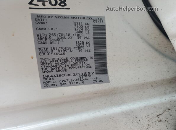 1N6AA1EC6RN103852 2024 NISSAN TITAN Белый Вид наклейки с VIN-кодом