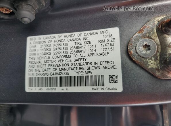 2HKRW5H34JH424335 2018 HONDA CRV Gray VIN sticker view