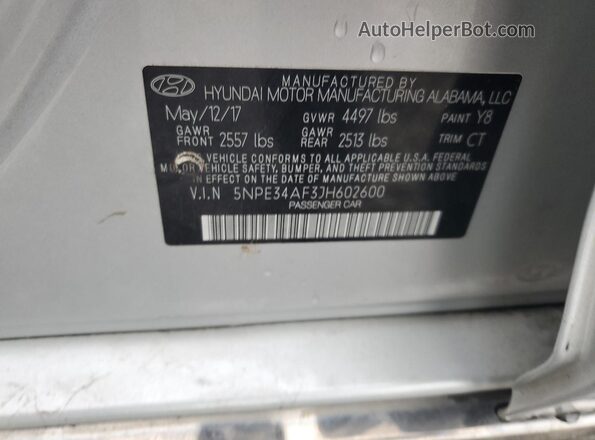 5NPE34AF3JH602600 2018 HYUNDAI SONATA Silver Панорамний вид салону 360°
