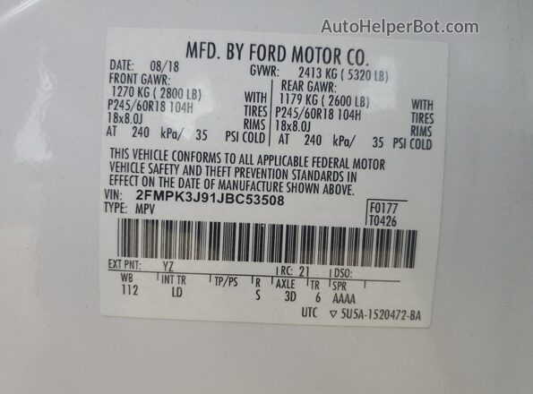 2FMPK3J91JBC53508 2018 FORD EDGE White Widok komory silnika