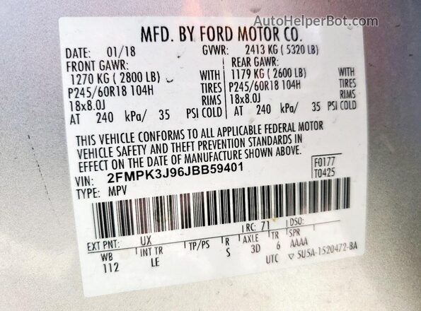 2FMPK3J96JBB59401 2018 FORD EDGE Silver Вид наклейки з VIN-кодом