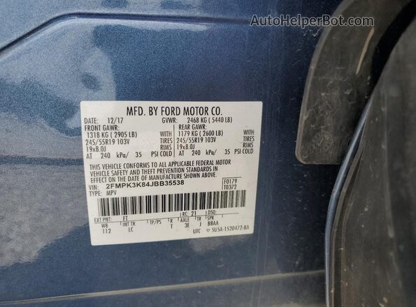 2FMPK3K84JBB35538 2018 FORD EDGE Синий Вид наклейки с VIN-кодом