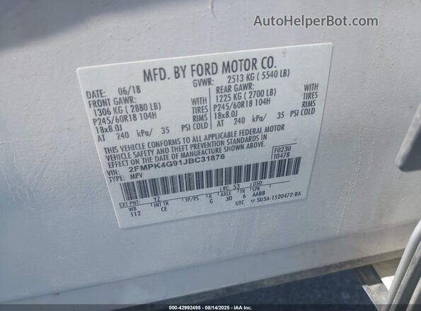 2FMPK4G91JBC31876 2018 FORD EDGE White Вид підкапотного простору
