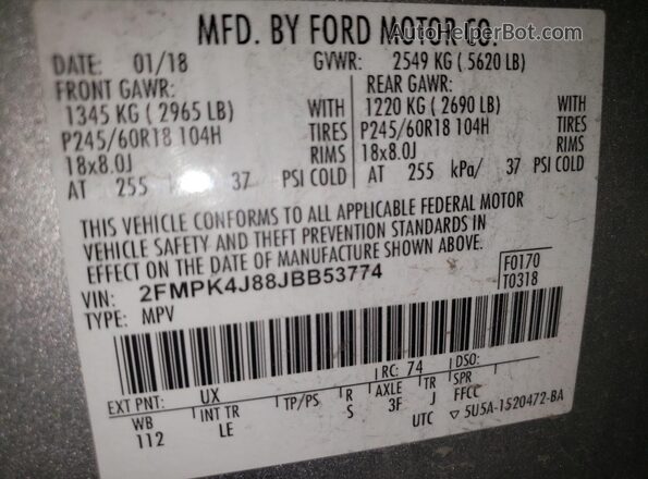 2FMPK4J88JBB53774 2018 FORD EDGE Серебряный Вид наклейки с VIN-кодом