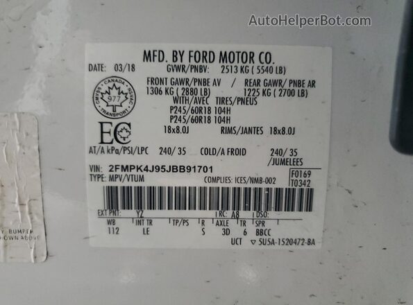 2FMPK4J95JBB91701 2018 FORD EDGE White VIN կոդի պիտակի տեսք