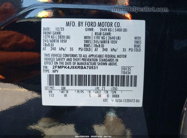2FMPK4J9XRBA70531 2024 FORD EDGE Black Вид підкапотного простору