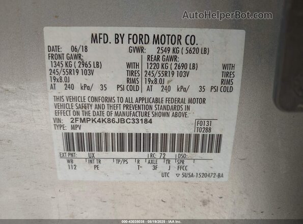 2FMPK4K86JBC33184 2018 FORD EDGE Silver Շարժիչի բաժամունքի տեսք