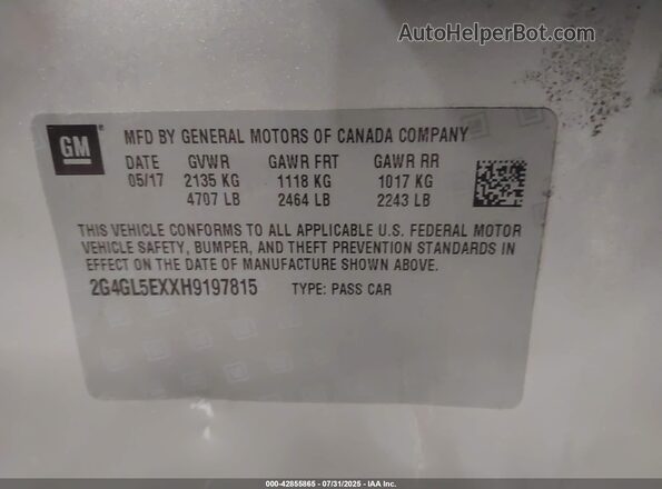 2G4GL5EXXH9197815 2017 BUICK REGAL Silver Շարժիչի բաժամունքի տեսք