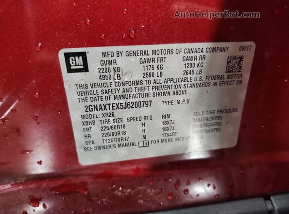 2GNAXTEX5J6200797 2018 CHEVROLET EQUINOX Red Vista de la etiqueta del VIN